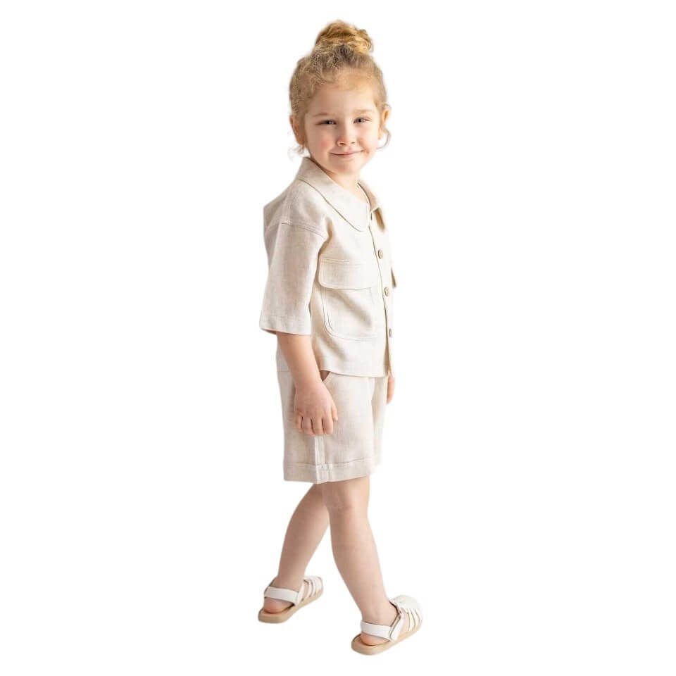 unisex-bebek-ve-cocuk-keten-sort-1 Keten Beli Lastikli Bağcıklı Cepli Unisex Şort – Naturel | Rahat ve Fonksiyonel Tasarım - Görsel 1